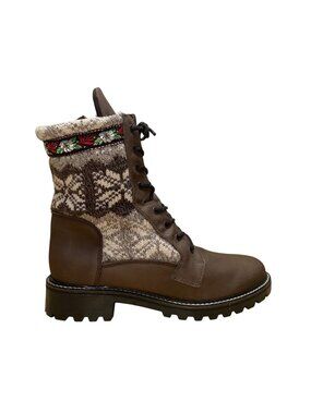 Martino Women’s Brown Leather Knit Pattern Lace-Up Doubletex Winter Boots Sz 11